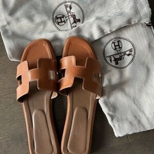 Hermes Brown Oran Leather Slide Sandals